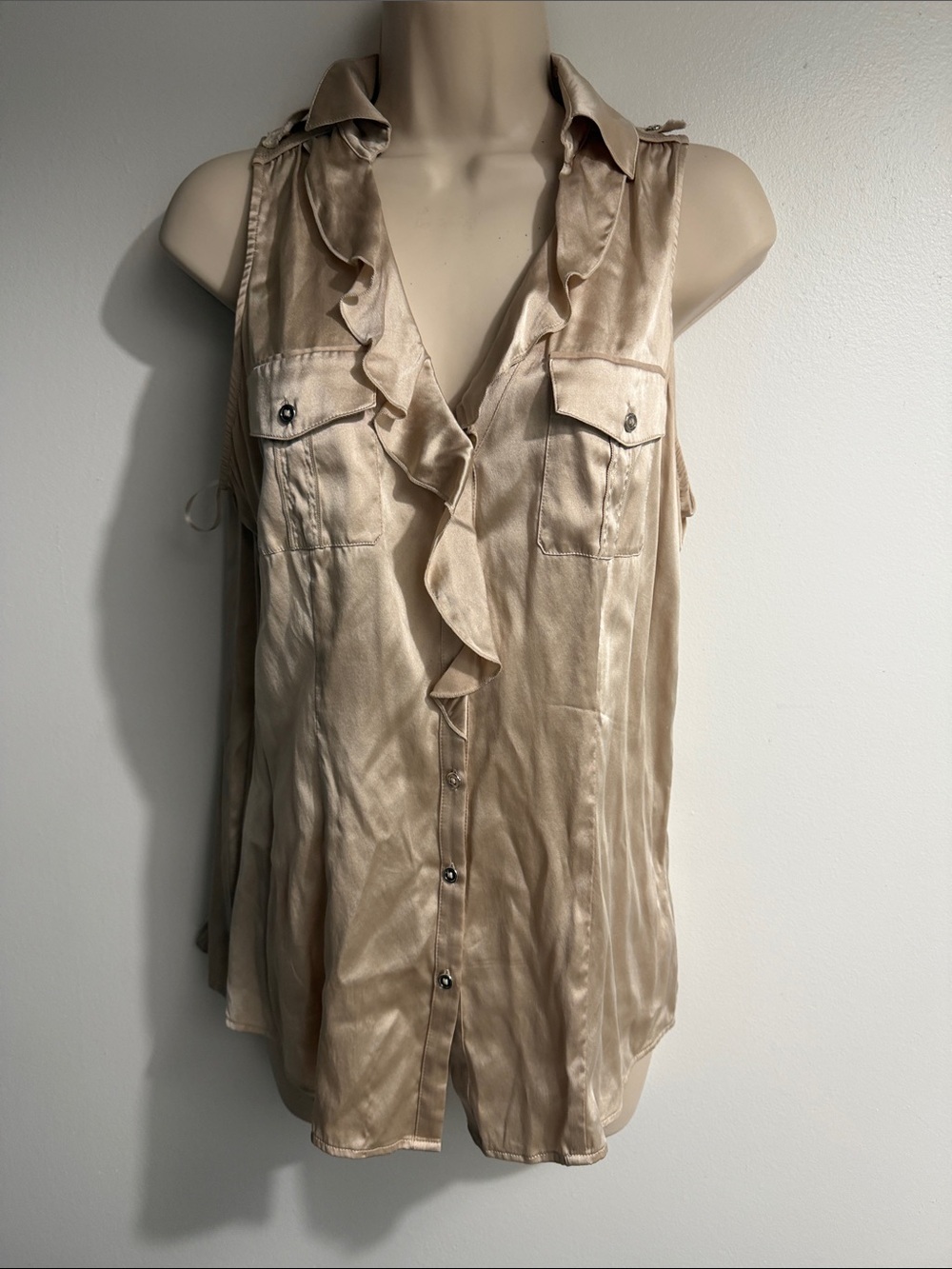 White House Black Market Champagne Beige Satin Ruffle Sleeveless Blouse